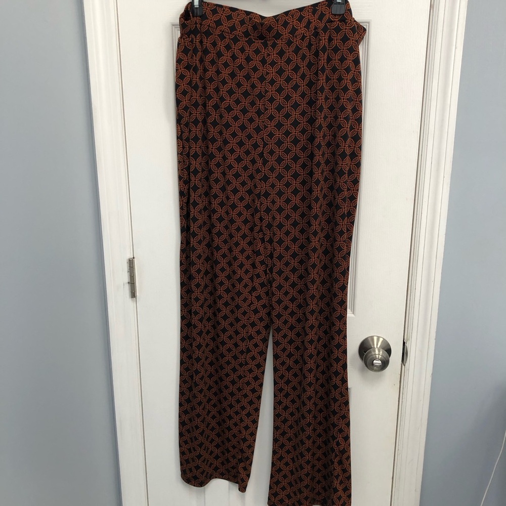 Susan Graver Liquid Knit wide Leg Pant 1X Orange Geometric Print Pocket Stretch